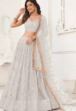 Embroidered Net Lehenga in Off White