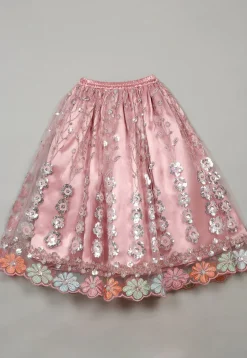 Embroidered Net Lehenga in Pink