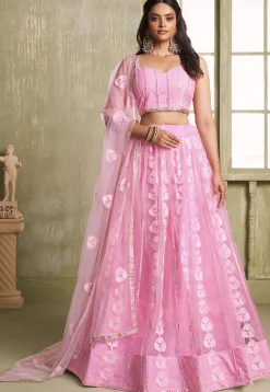 Embroidered Net Lehenga in Pink