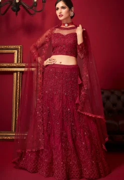 Embroidered Net Lehenga in Maroon