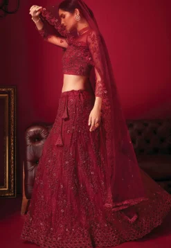 Embroidered Net Lehenga in Maroon