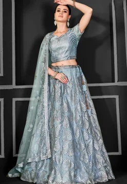 Embroidered Net Lehenga in Grey