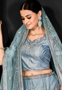 Embroidered Net Lehenga in Grey