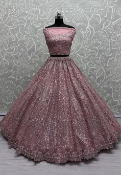 Embroidered Net Lehenga in Purple