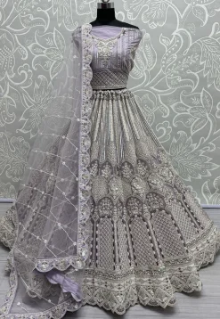 Embroidered Net Lehenga in Dusty Purple