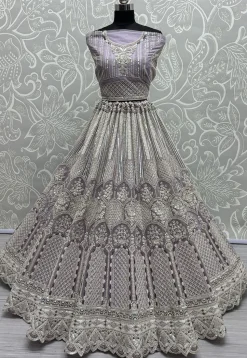 Embroidered Net Lehenga in Dusty Purple
