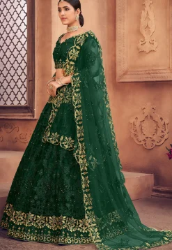 Embroidered Net Lehenga in Dark Green