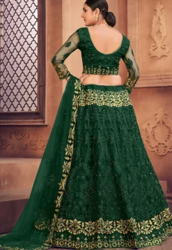Embroidered Net Lehenga in Dark Green