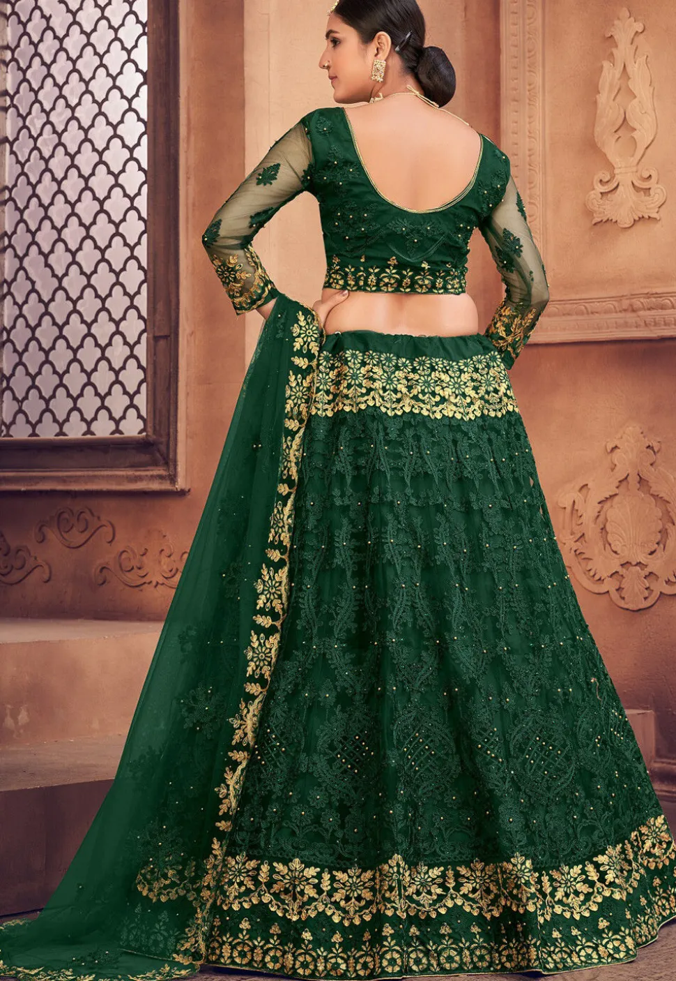 Embroidered Net Lehenga in Dark Green