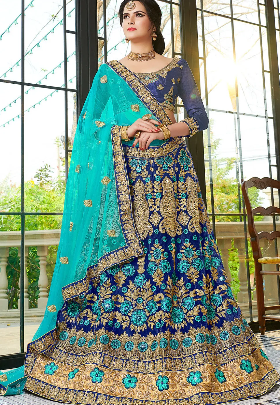 Embroidered Net Lehenga in Navy Blue