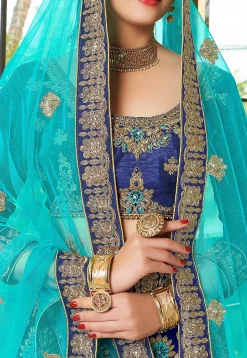 Embroidered Net Lehenga in Navy Blue