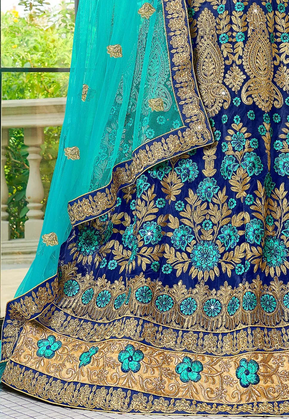 Embroidered Net Lehenga in Navy Blue