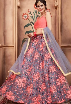 Embroidered Net Lehenga in Grey