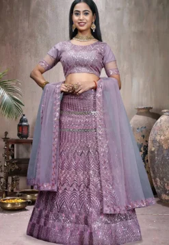 Embroidered Net Lehenga in Purple