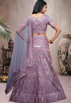 Embroidered Net Lehenga in Purple