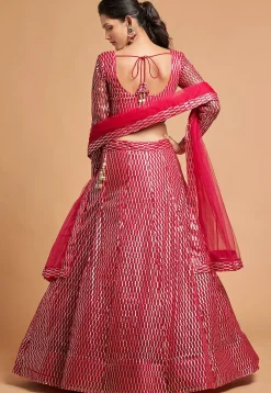 Embroidered Net Lehenga in Red