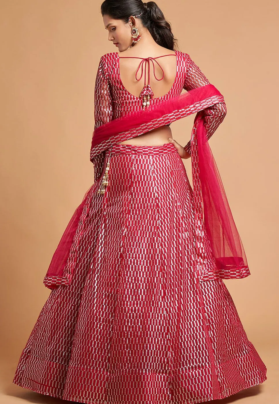 Embroidered Net Lehenga in Red