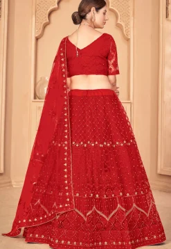 Embroidered Net Lehenga in Red