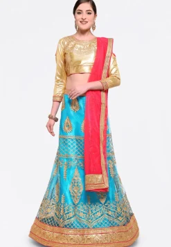 Embroidered Net Lehenga in Sky Blue