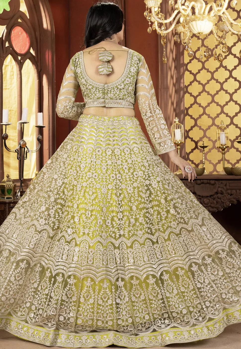 Embroidered Net Lehenga in Light Green