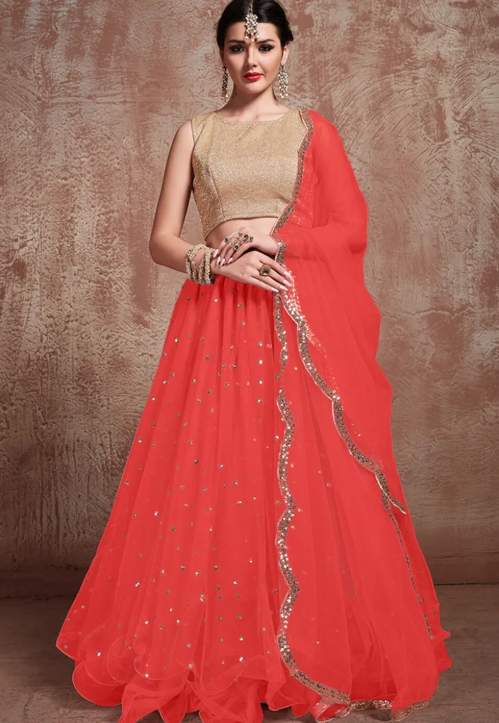 Embroidered Net Lehenga in Dark Peach