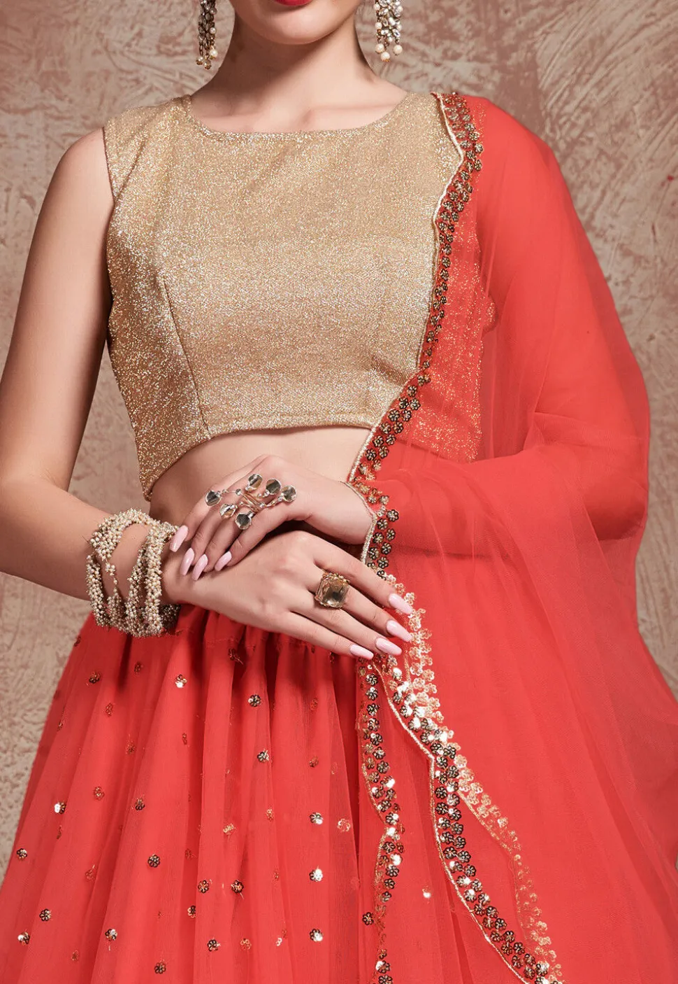 Embroidered Net Lehenga in Dark Peach