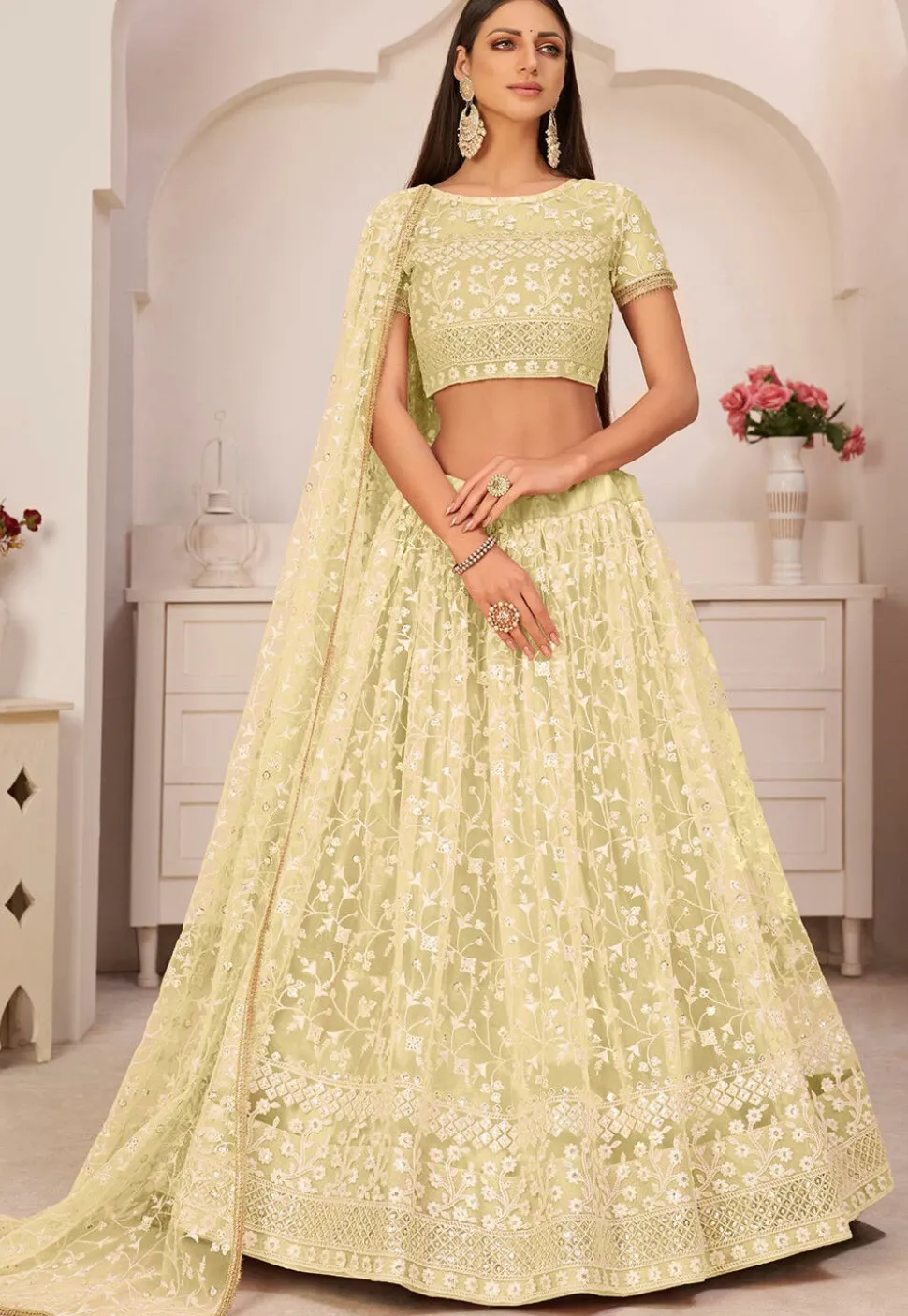 Embroidered Net Lehenga in Yellow