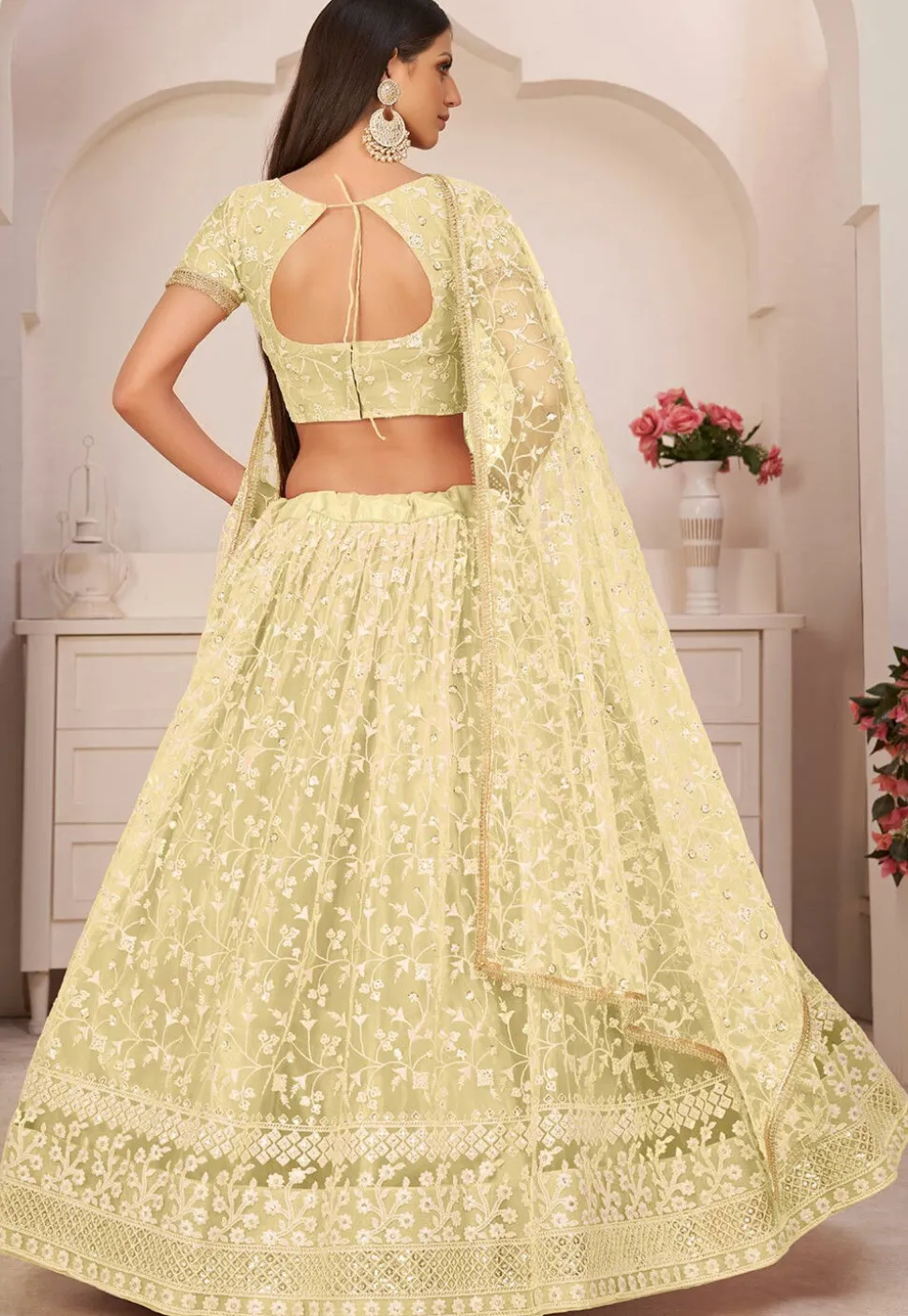 Embroidered Net Lehenga in Yellow