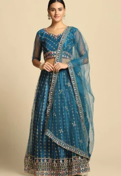 Embroidered Net Lehenga in Teal Blue