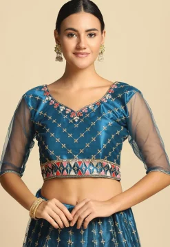 Embroidered Net Lehenga in Teal Blue