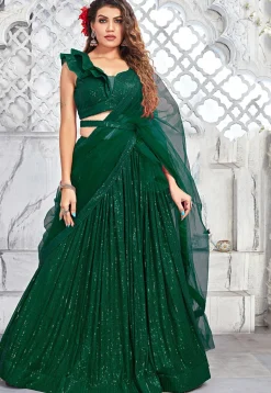 Embroidered Net Lehenga in Green