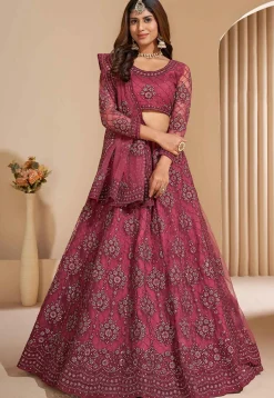 Embroidered Net Lehenga in Dark Old Rose
