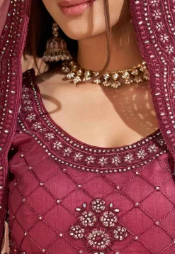 Embroidered Net Lehenga in Dark Old Rose
