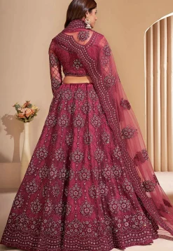 Embroidered Net Lehenga in Dark Old Rose
