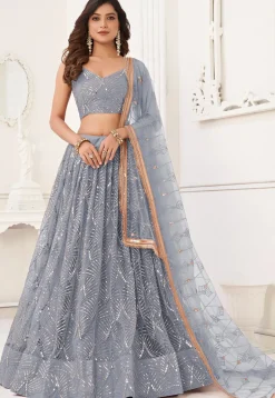 Embroidered Net Lehenga in Grey