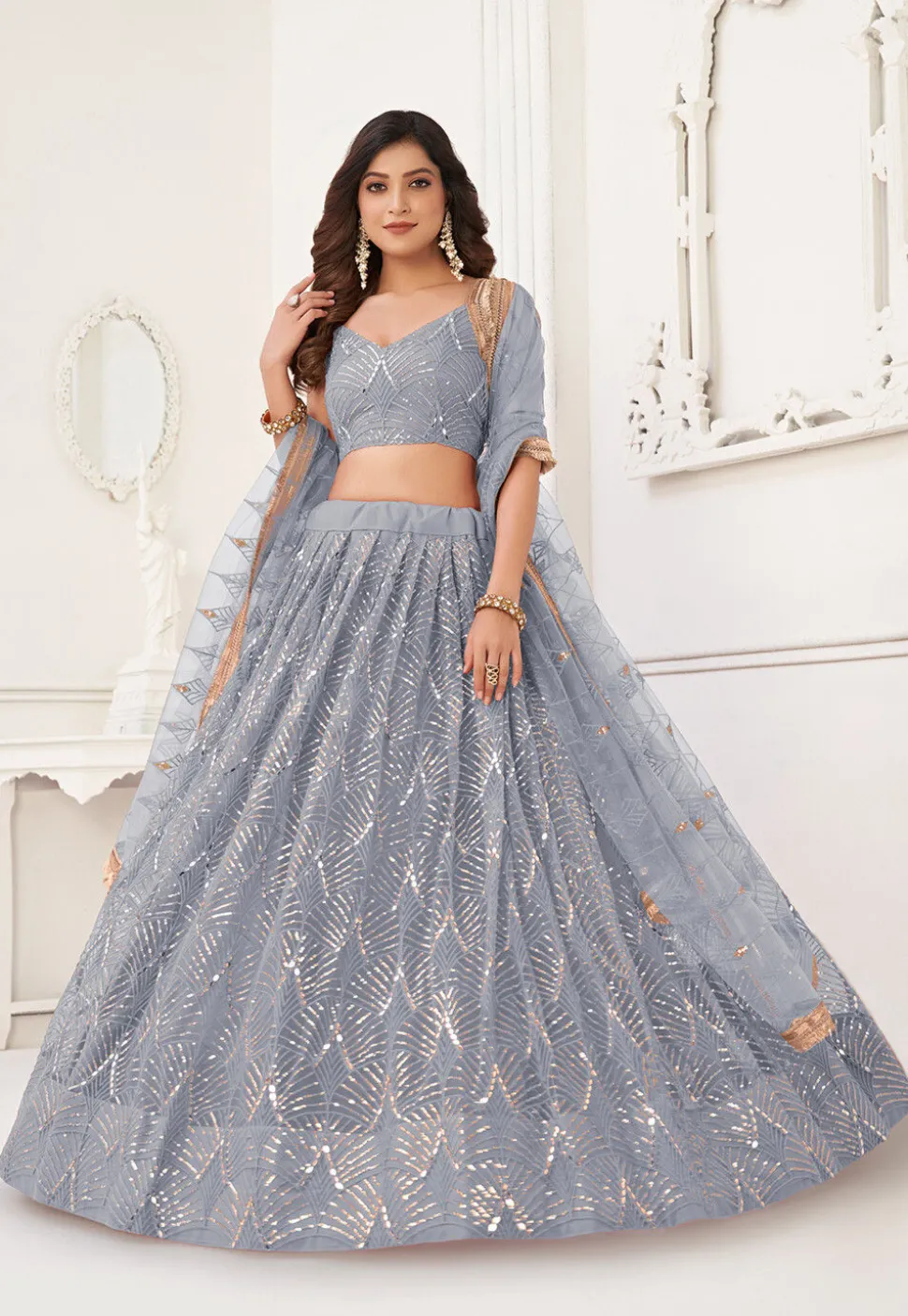 Embroidered Net Lehenga in Grey