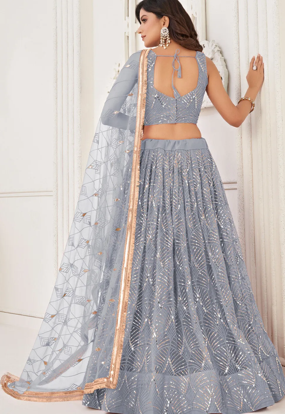 Embroidered Net Lehenga in Grey