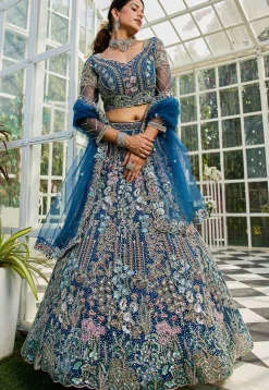 Embroidered Net Lehenga in Teal Blue