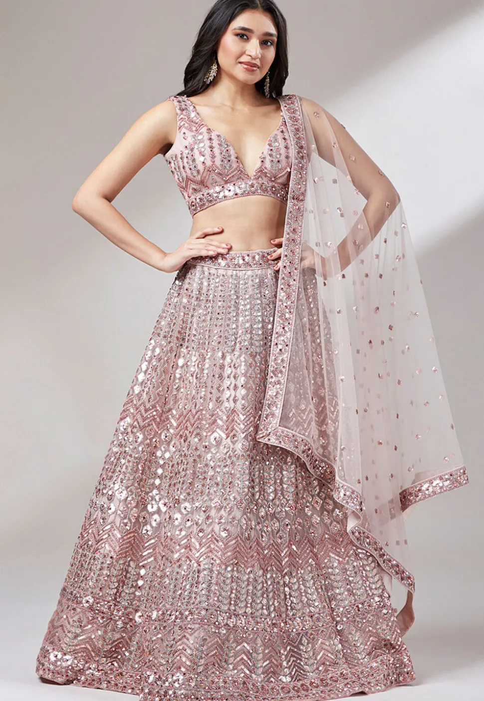 Embroidered Net Lehenga in Peach