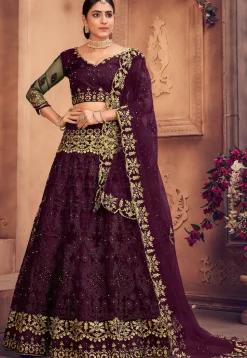 Embroidered Net Lehenga in Purple
