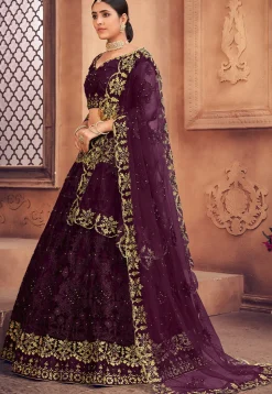 Embroidered Net Lehenga in Purple