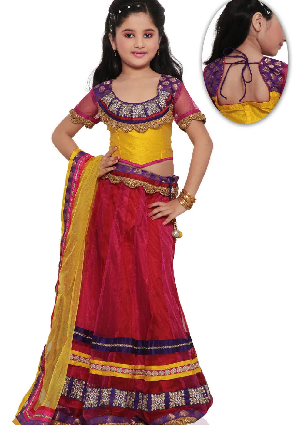 Embroidered Net Lehenga Set in Red and Fuchsia