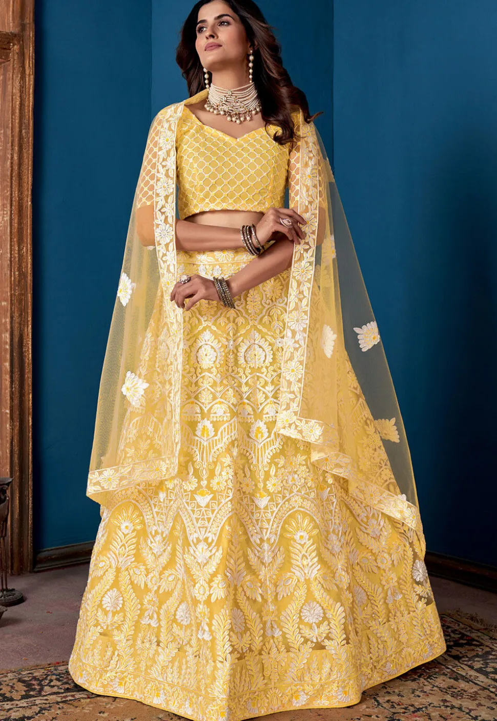 Embroidered Net Lehenga Yellow
