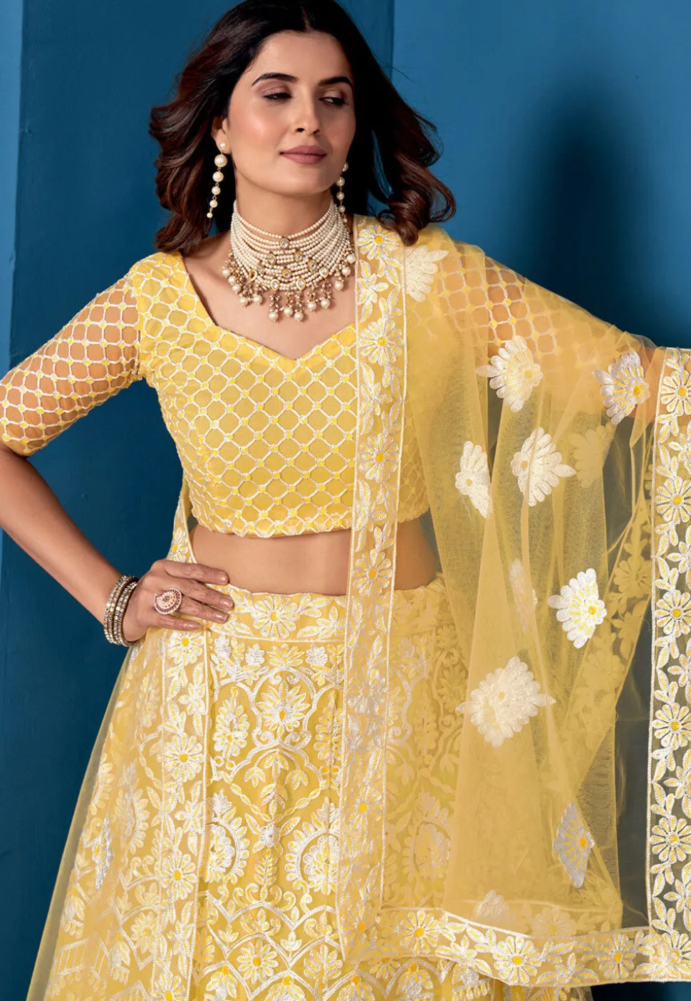 Embroidered Net Lehenga Yellow