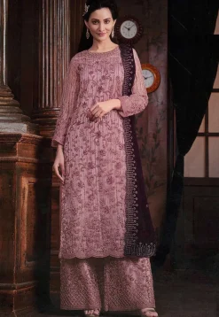 Embroidered Net Pakistani Suit in Pink