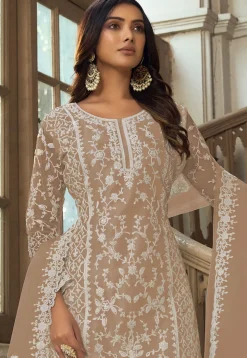 Embroidered Net Pakistani Suit in Beige