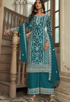 Embroidered Net Pakistani Suit in Teal Blue