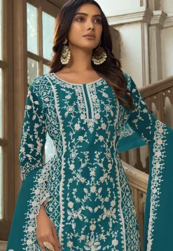 Embroidered Net Pakistani Suit in Teal Blue