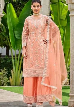 Embroidered Net Pakistani Suit in Peach