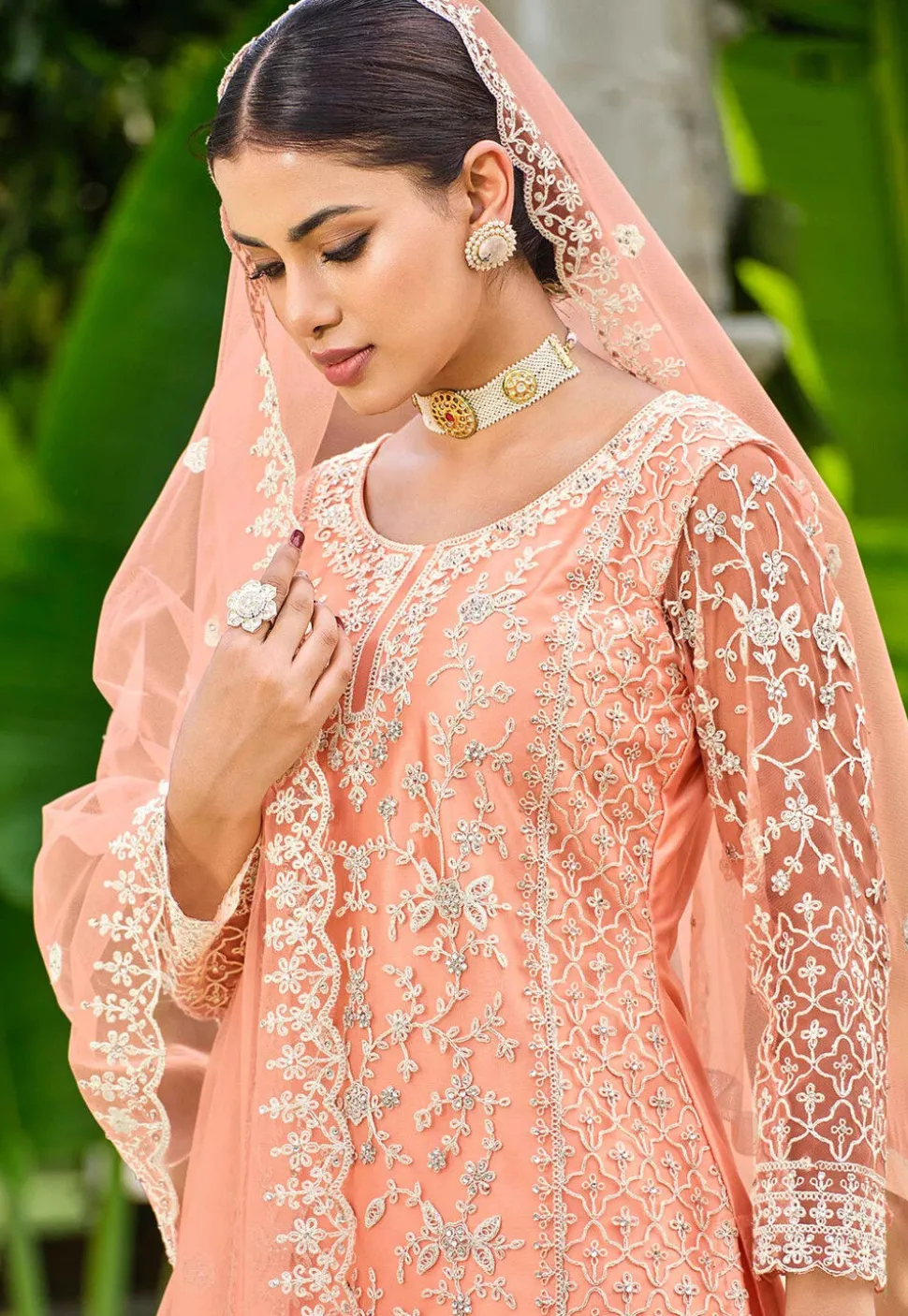 Embroidered Net Pakistani Suit in Peach